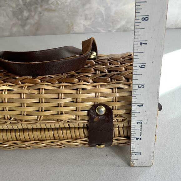 Vintage Wicker Handbag Leather Double Strap Twist Lock Brown Woven Hong Kong - Picture 5 of 13
